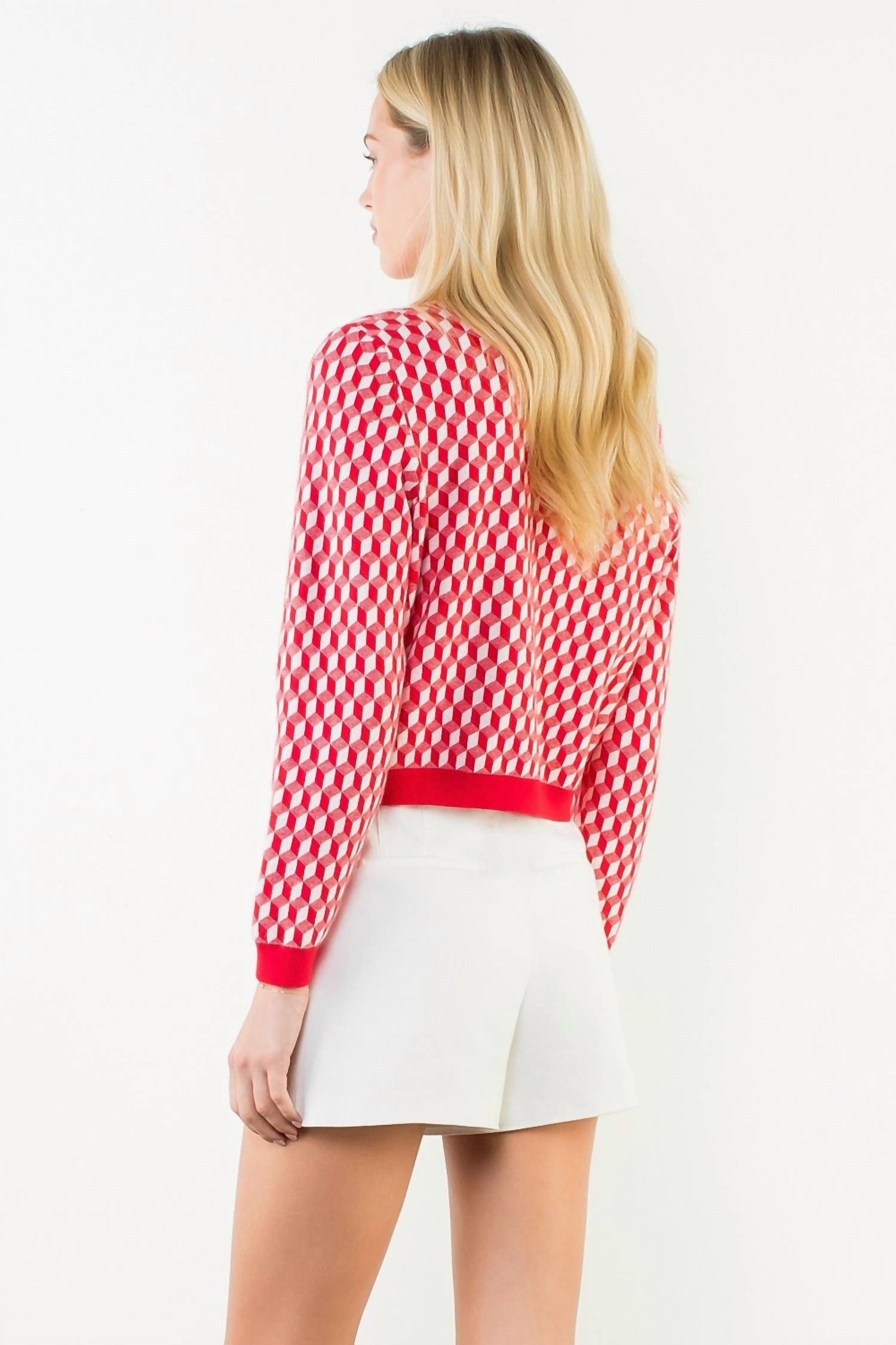 THML Long Sleeve Geometric Print Cardigan in red - women's cardigan - alternate view