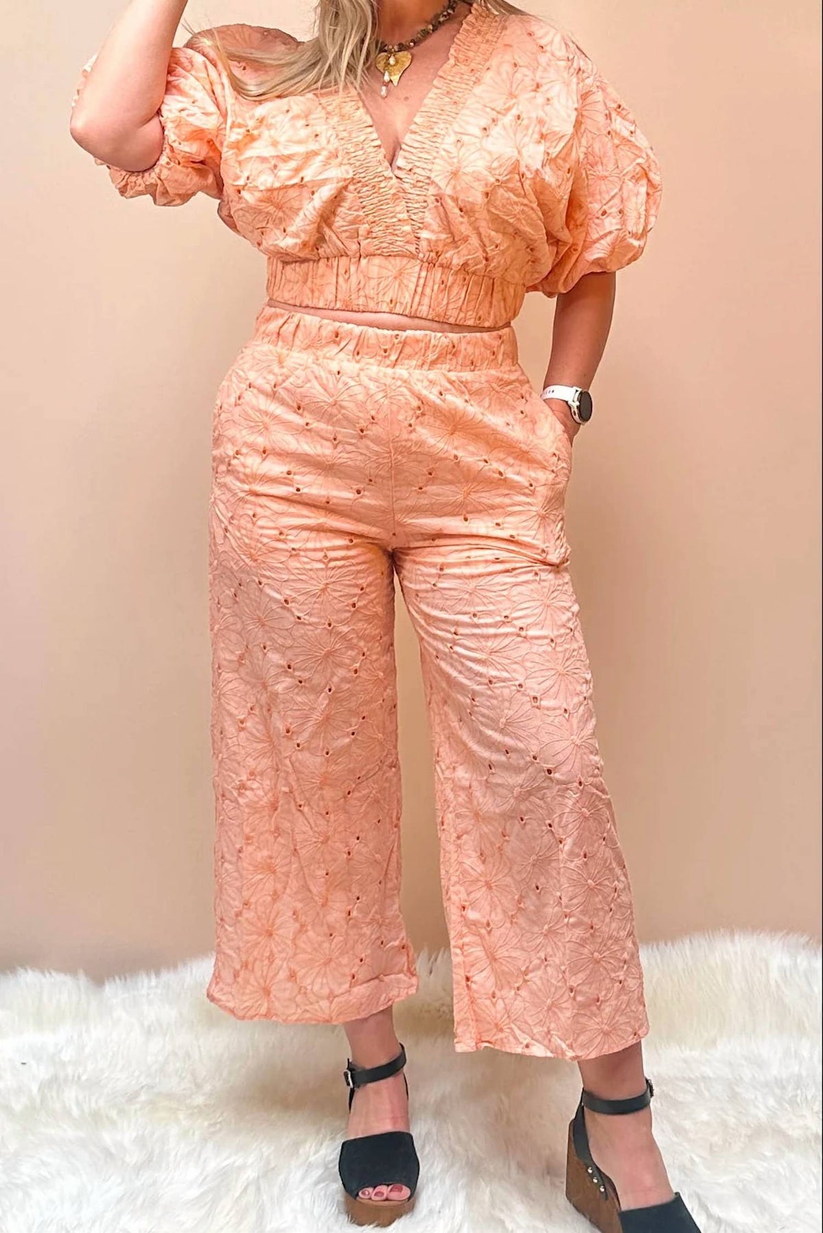 Bucketlist - Peachy Eyelet Crop Top And Pants Set