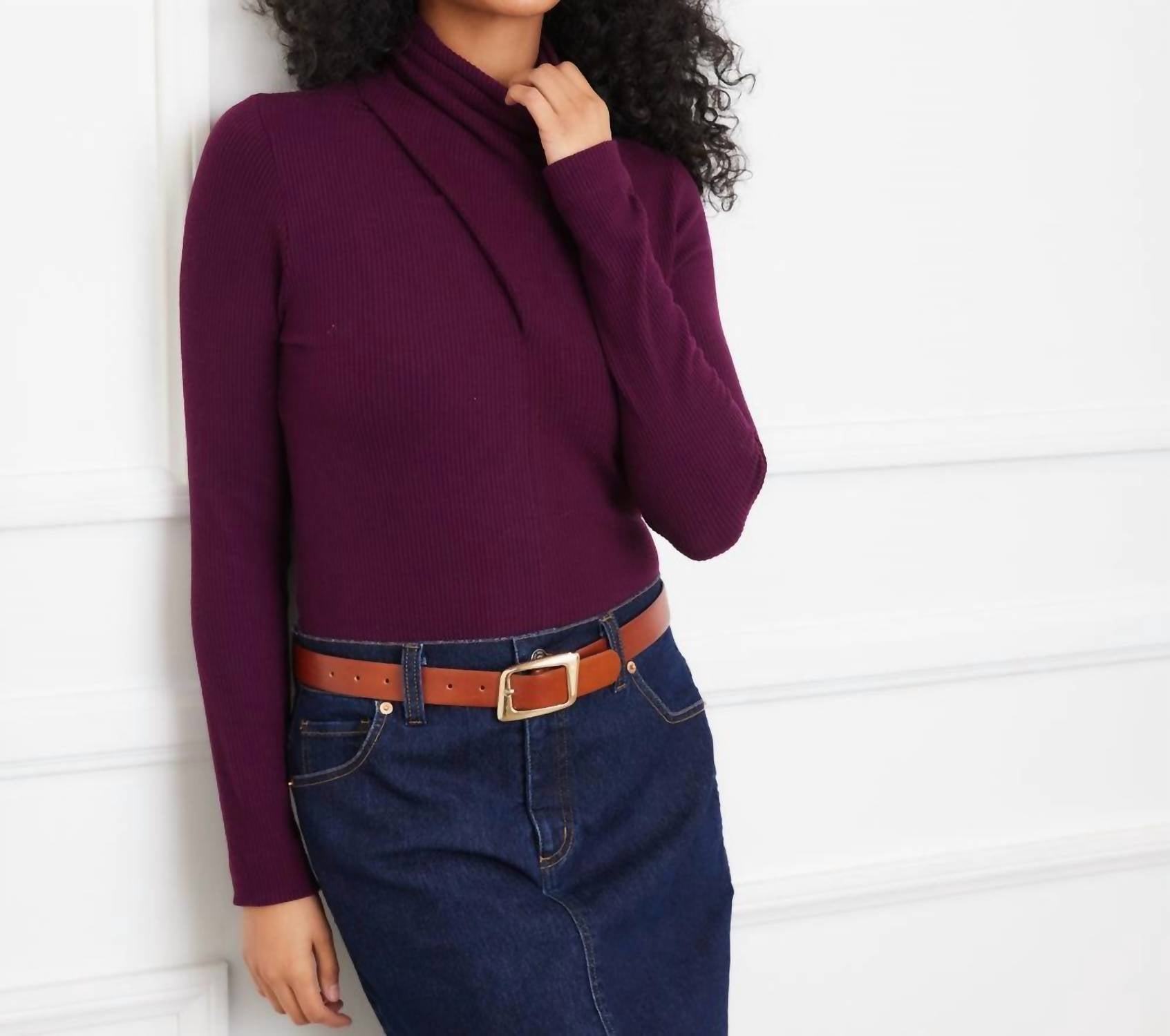 Karen Kane Ribbed Faux Wrap Turtleneck Top in eggplant - women's long sleeve top - view 5
