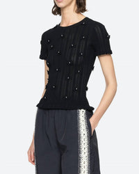 SEA Alberta Pearl Short Sleeve Top in black - women's blouse - detail view