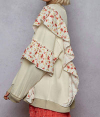 POL Floral Ruffle Round Neck Thermal Knit Top in cream - women's sweater - alternate view