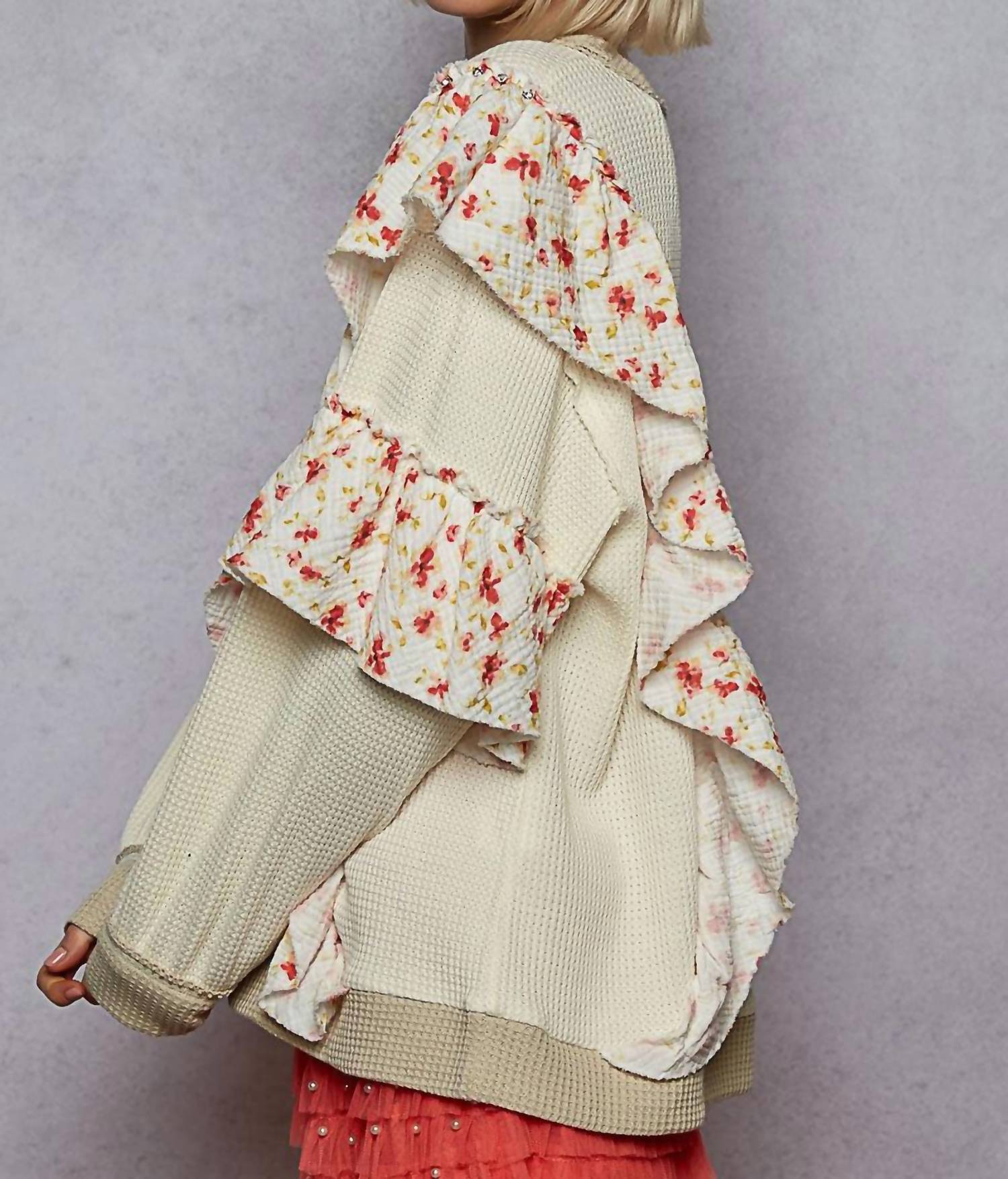 POL Floral Ruffle Round Neck Thermal Knit Top in cream - women's sweater - alternate view