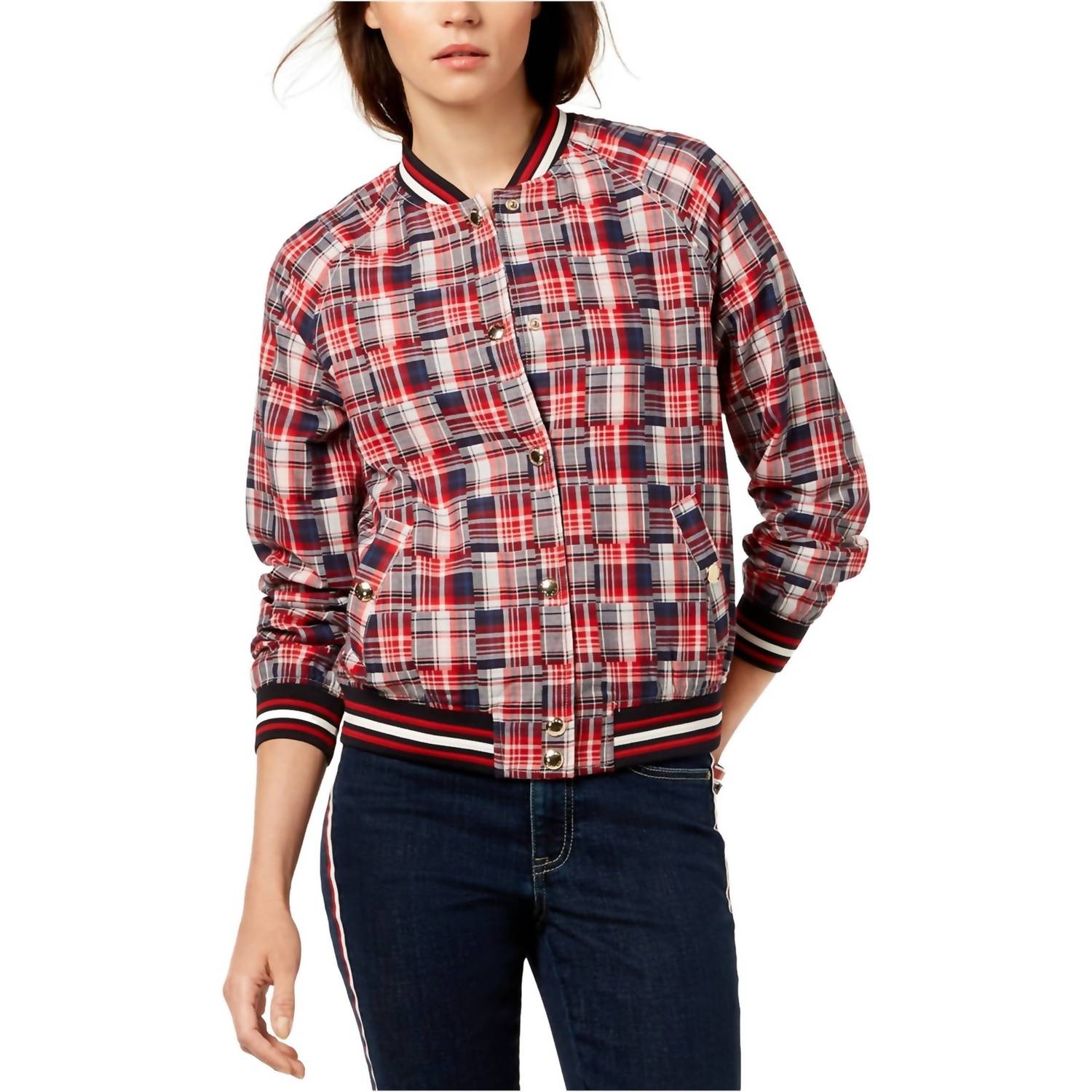 Tommy Hilfiger - Tommy Hilfiger Womens Cotton Patchwork Plaid Varsity Jacket