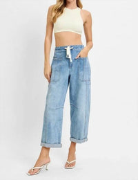 Skies Are Blue - High Rise Crop Wide Barrel Cargo Pocket Cuffed Pants