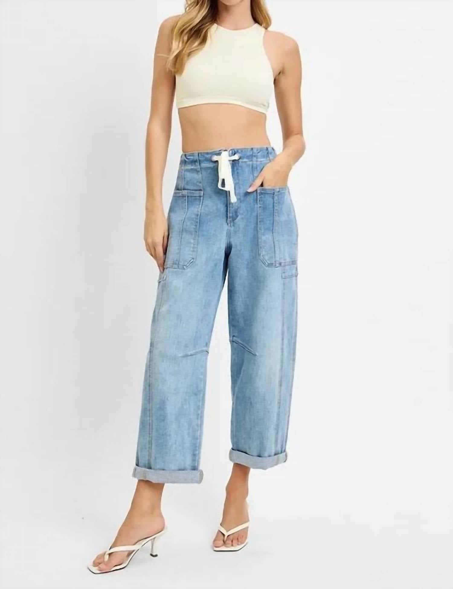 Skies Are Blue - High Rise Crop Wide Barrel Cargo Pocket Cuffed Pants