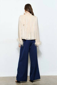 Skies Are Blue - Delphine Metallic Shimmer Bow Tie Feather Hem Blouse Top