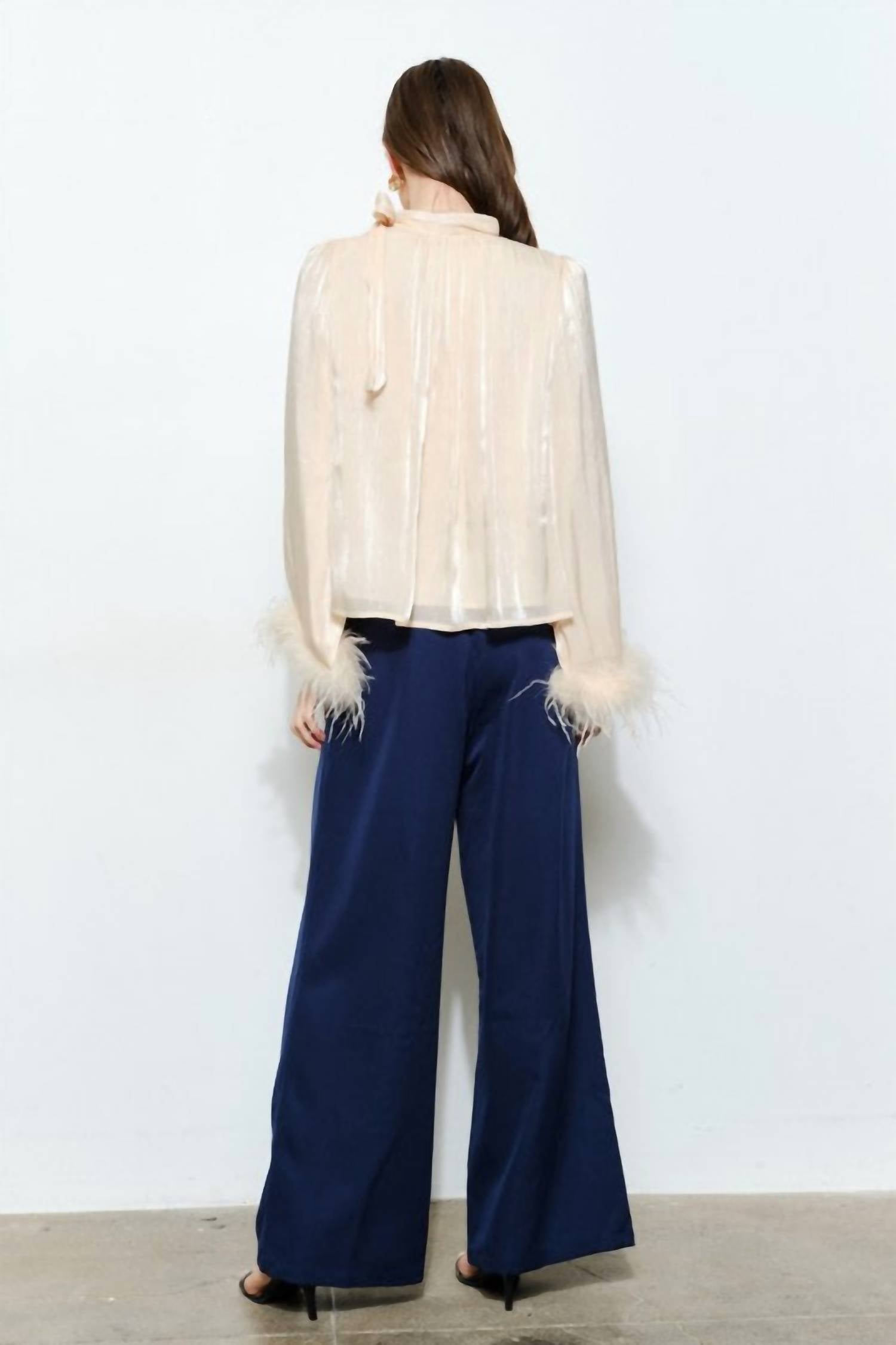 Skies Are Blue - Delphine Metallic Shimmer Bow Tie Feather Hem Blouse Top