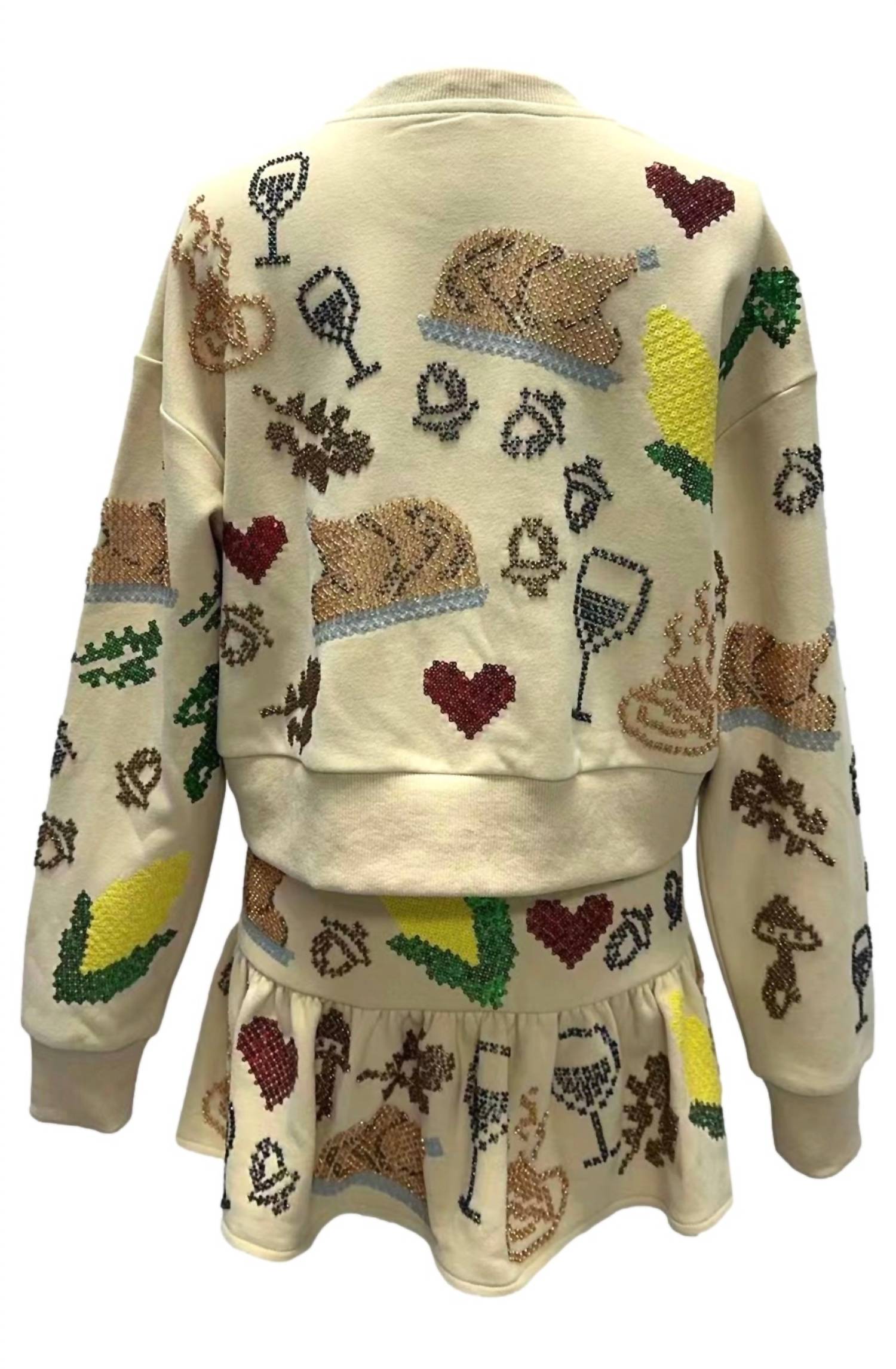QUEEN OF SPARKLES Scattered Needlepoint Turkey Dinner Cropped Sweatshirt in tan - women's top - view 4