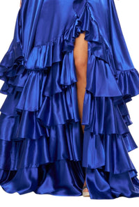 Sherri Hill Floaty Backless Gown With Ruffle Skirt And Slit in ocean blue - women's dress - alternate view