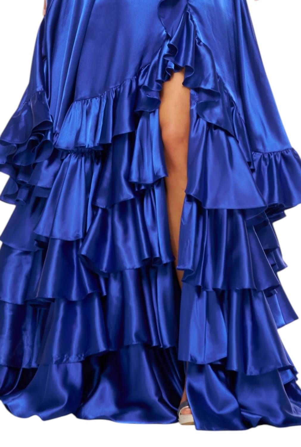 Sherri Hill Floaty Backless Gown With Ruffle Skirt And Slit in ocean blue - women's dress - alternate view