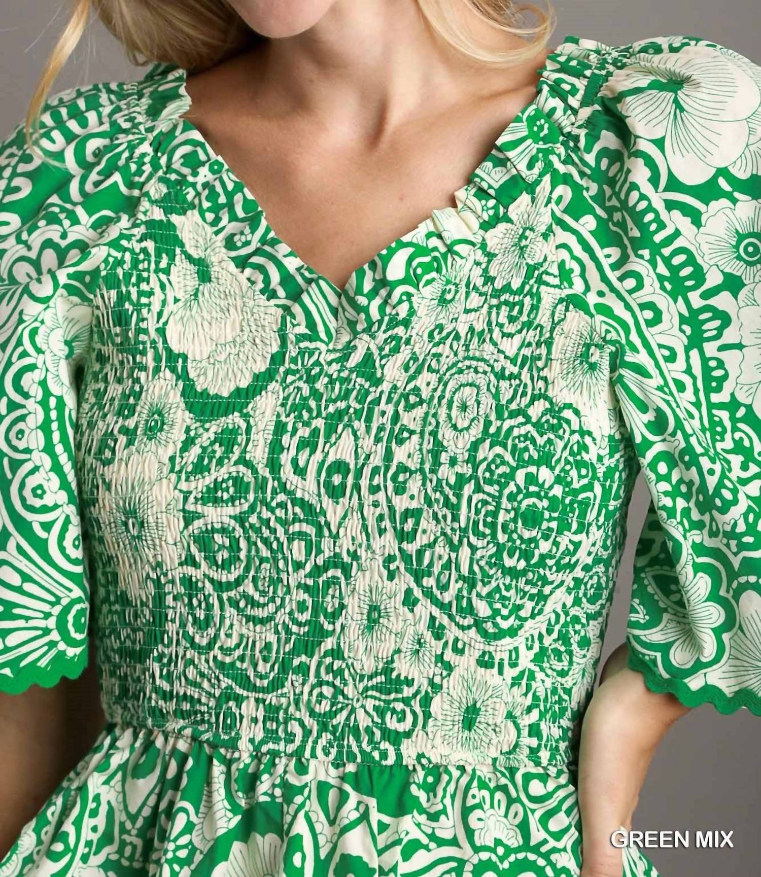 Umgee - Two-tone Paisley Smocked Peplum Top