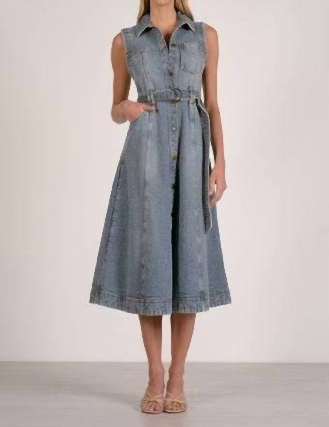 Elan - Midi Sleeveless A Line Denim Dress