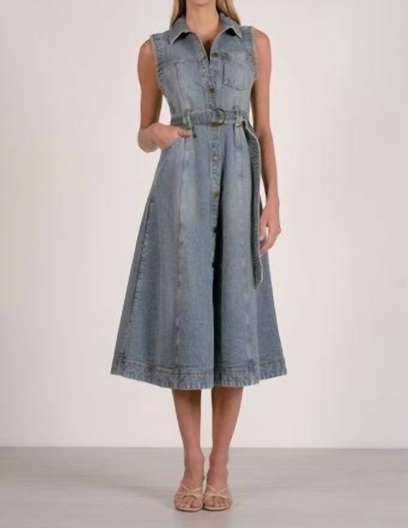 ELAN Midi Sleeveless A Line Denim Dress in blue - women's dress