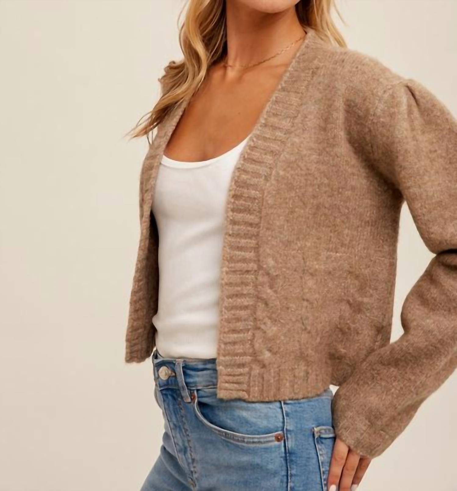 Hem & Thread - Puff Sleeve Knit Sweater Cardigan