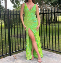 Sherri Hill Plunging Neckline Paillettes Dress in neon green - women's dress