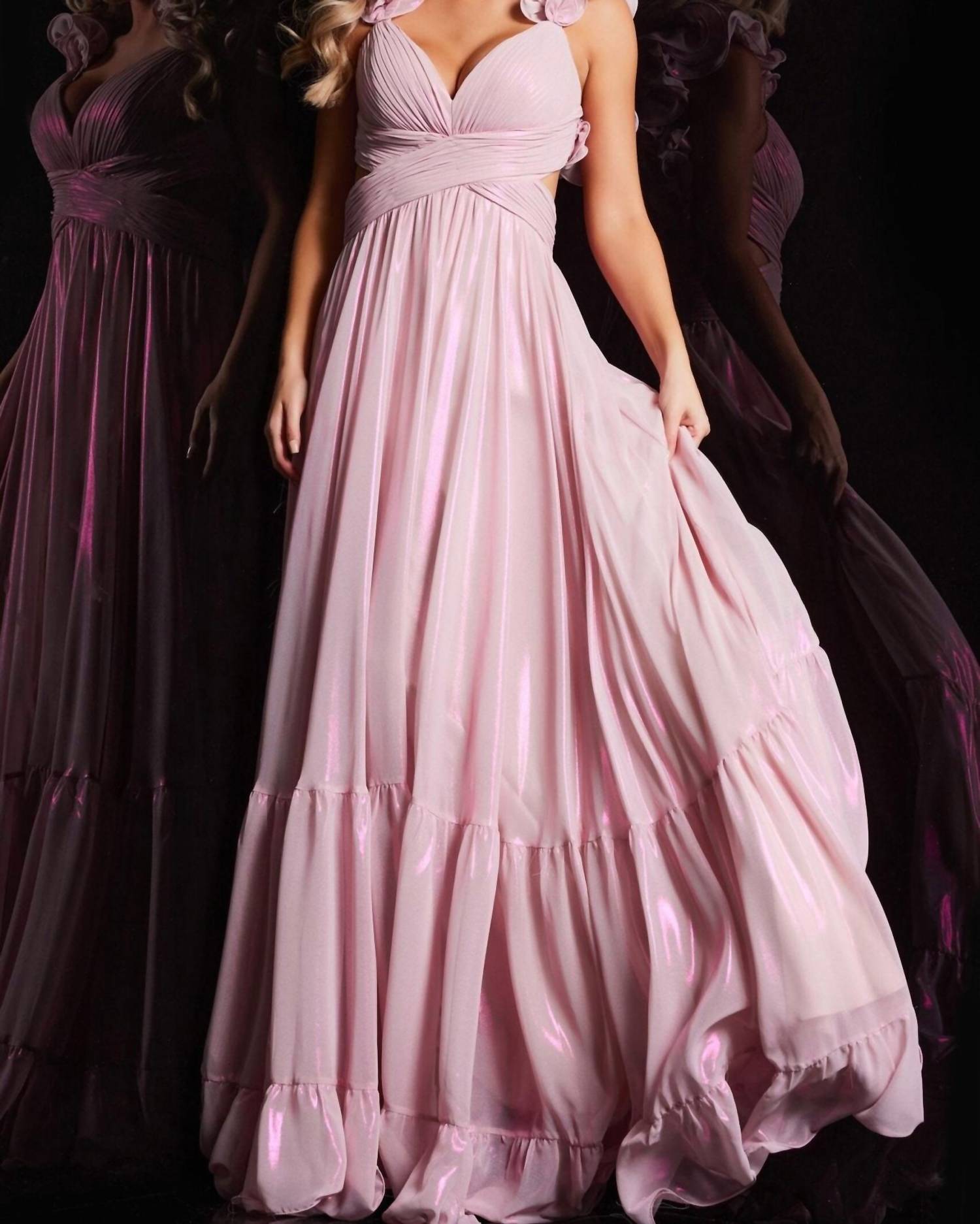 Jovani - Metallic Chiffon V-neck Maxi Dress