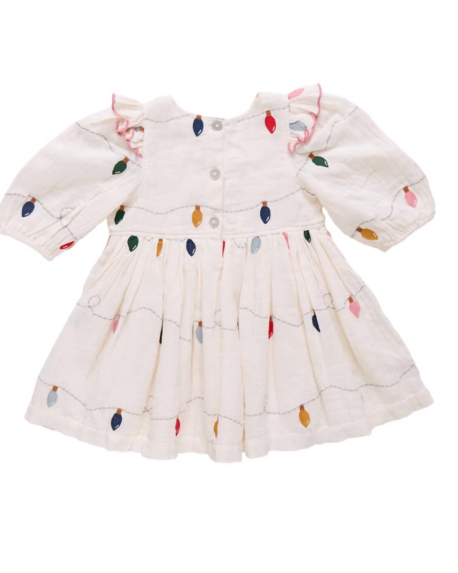 PINK CHICKEN Girls' Embroidered Brooke Dress in christmas lights - kids' dress - detail view