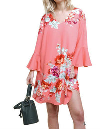 Umgee - Floral Print Bell Sleeve Mini Dress