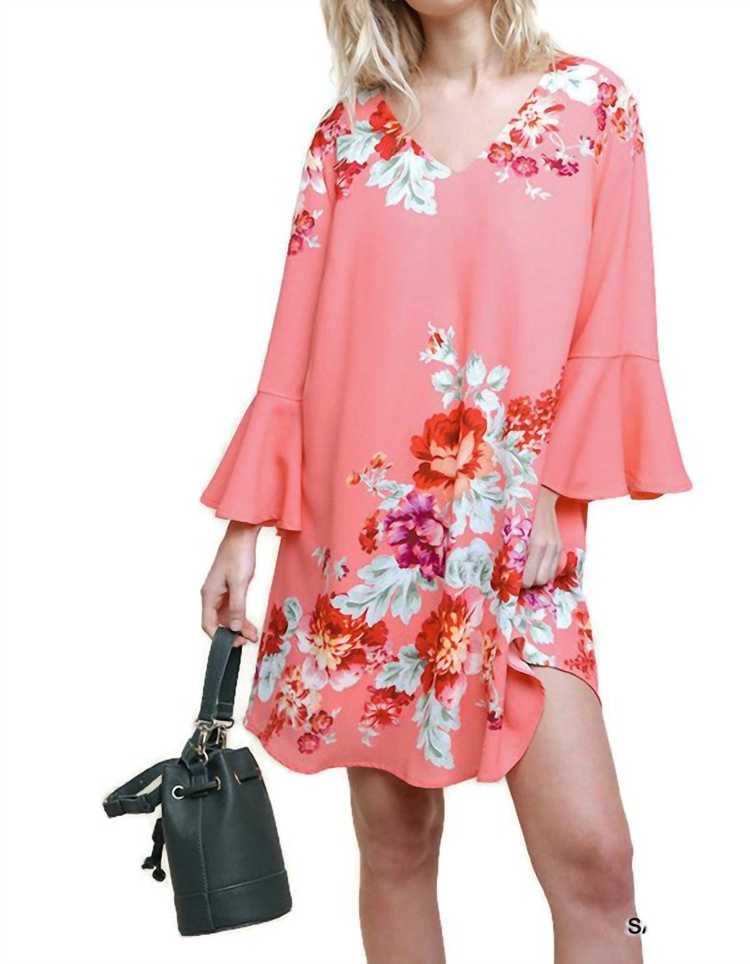 Umgee - Floral Print Bell Sleeve Mini Dress