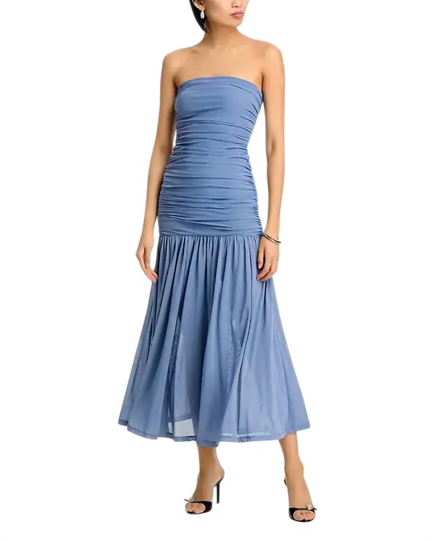 BARDOT Solana Gathered Mesh Strapless Maxi Dress in dusty blue - women's dress