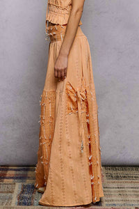 POL Boho Ruffle Contrast Shell Trim Wide Leg Pants in coral - women's pants - detail view