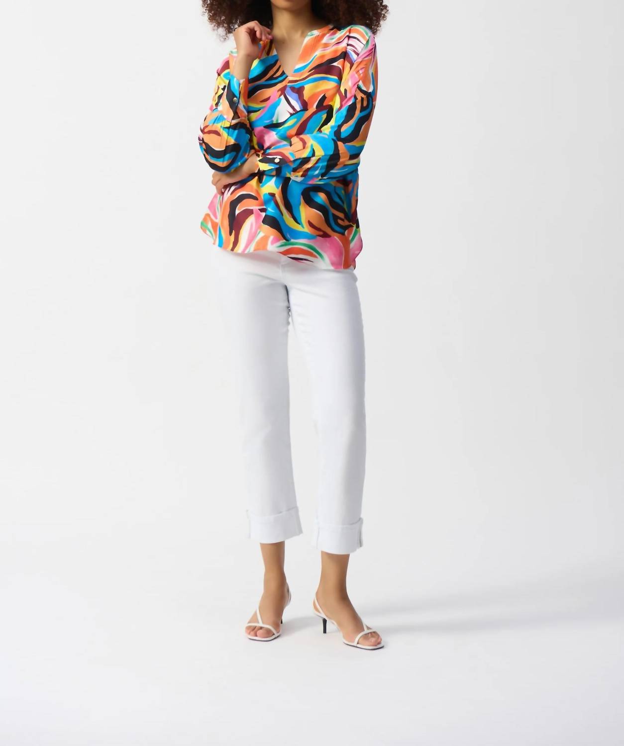 Joseph Ribkoff - Abstract Print V-neck Boxy Satin Top