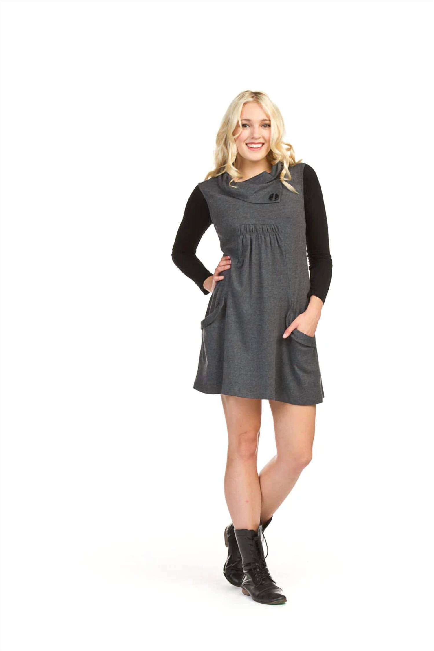 Papillon - Drape Collar Sleeveless Dress With Smocking