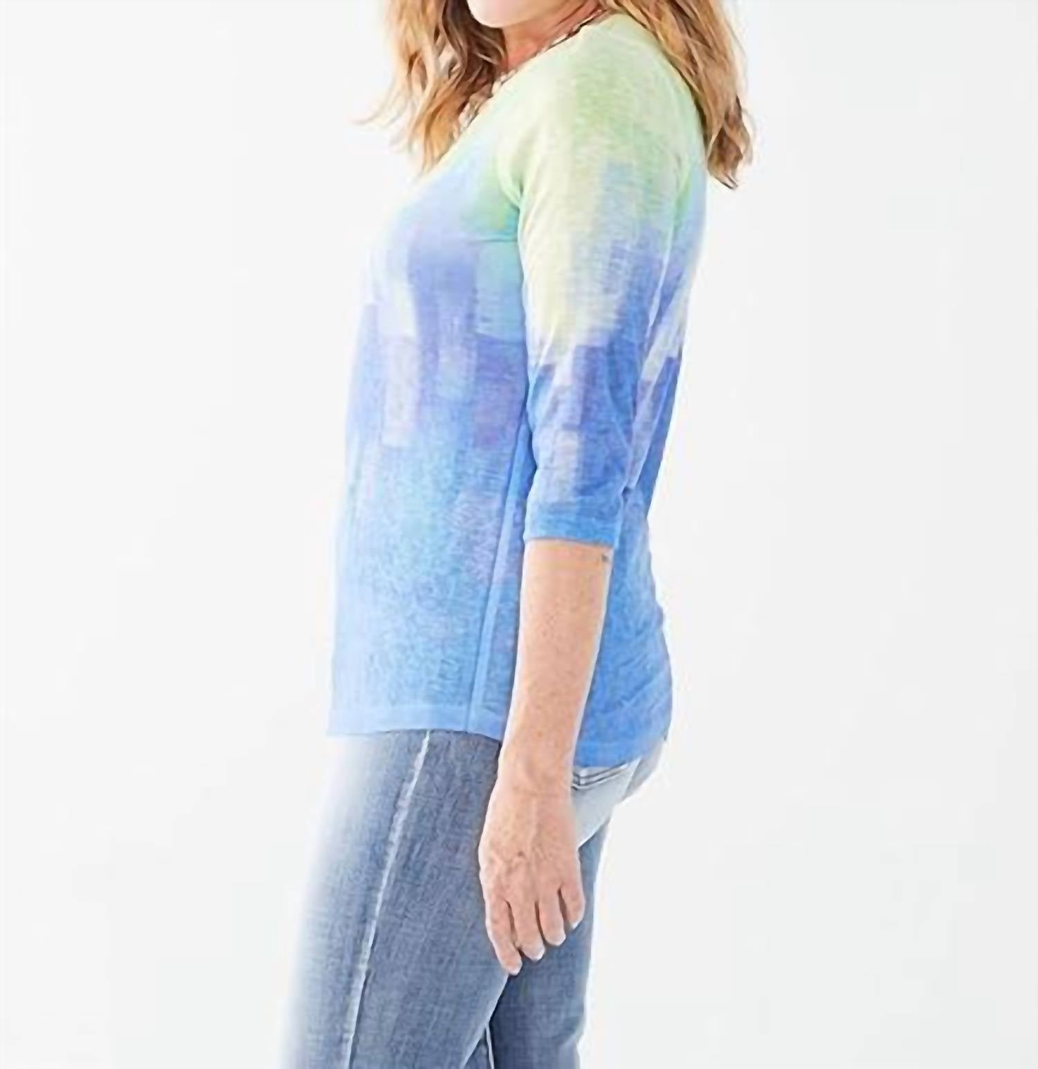 FDJ Nisa Notch Neck Three Quarter Sleeve Jersey Top in mojito gradient - women's shirt - alternate view