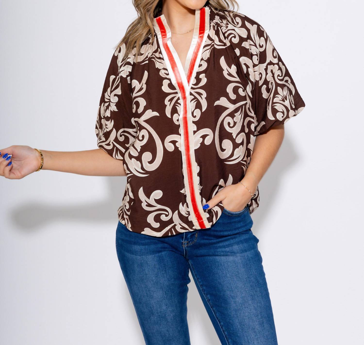 THML Abstract Print Puff Sleeve Top in brown - women's blouse - view 5