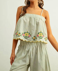 Miou Muse - Women's Floral Embroidery With Striped Top