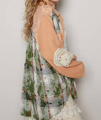 Pol - Oversized Plaid Print Lace Pockets Shacket