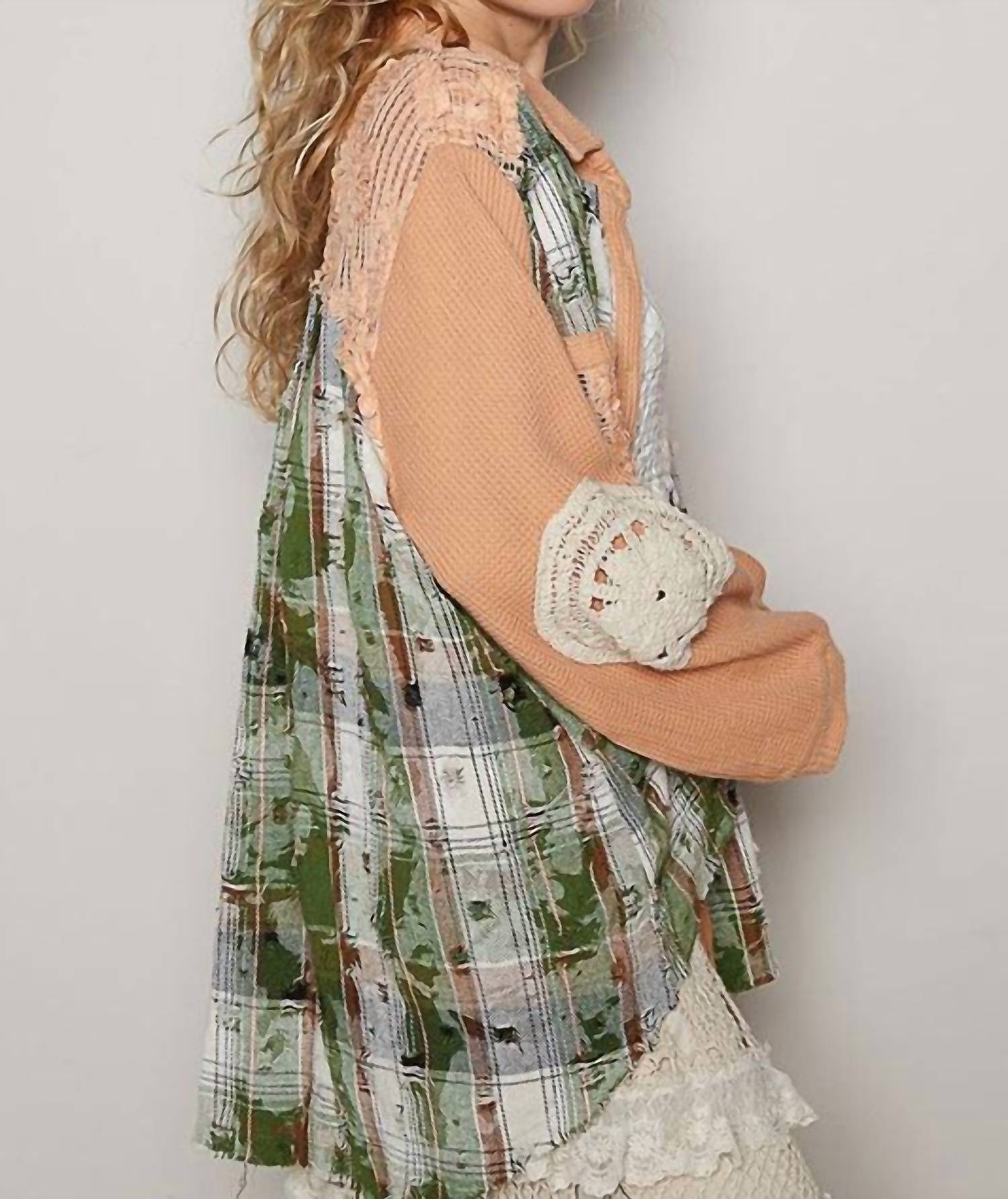 Pol - Oversized Plaid Print Lace Pockets Shacket