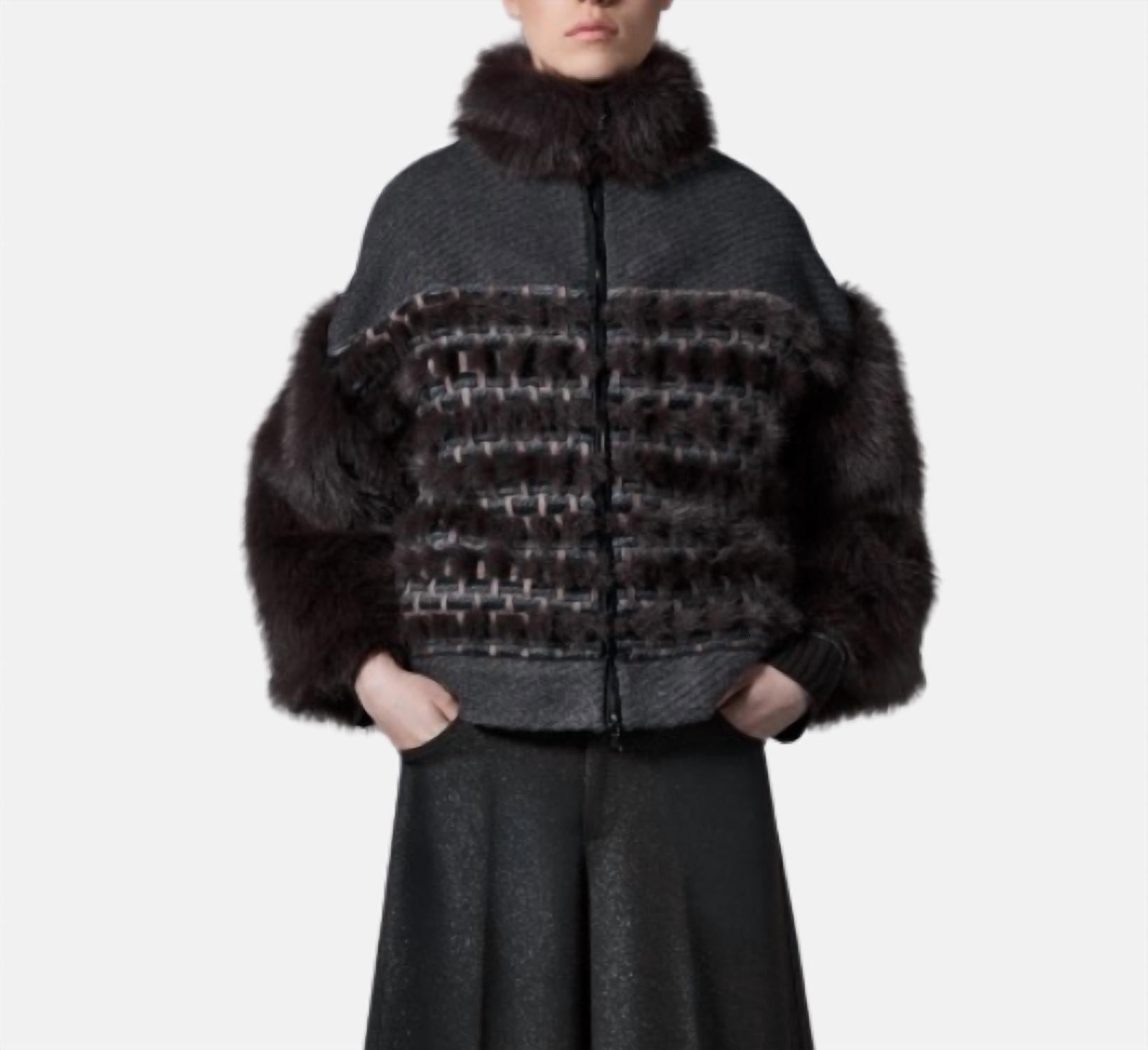 Tricot Chic Basket Weave Zip Jacket in brown and grey - women's jacket
