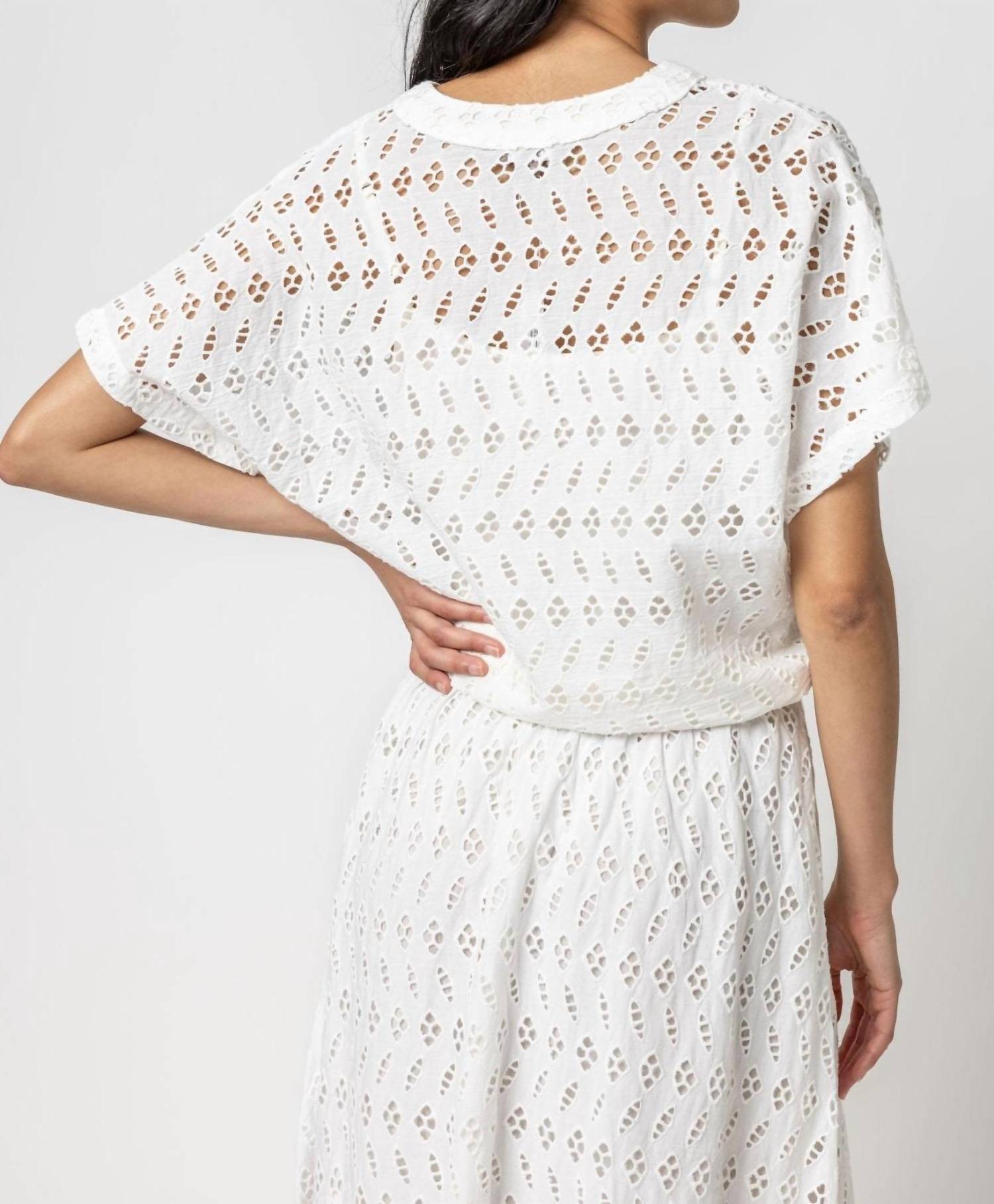 Lilla P - Eyelet Drawstring Dolman V-neck Top