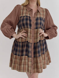 entro Rosalee Corduroy And Plaid Tiered Dress in brown - women's dress
