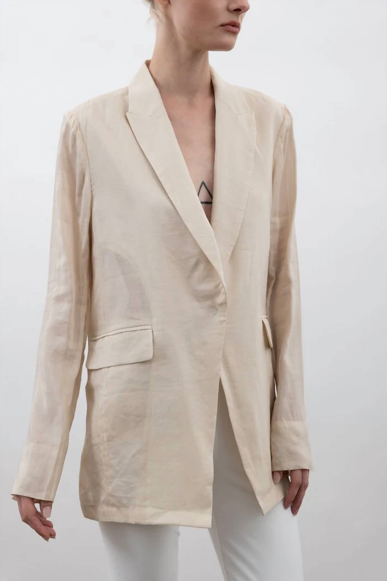 ELAINE KIM Verve Sheer Raime Boyfriend Blazer in clay - women's jacket - detail view