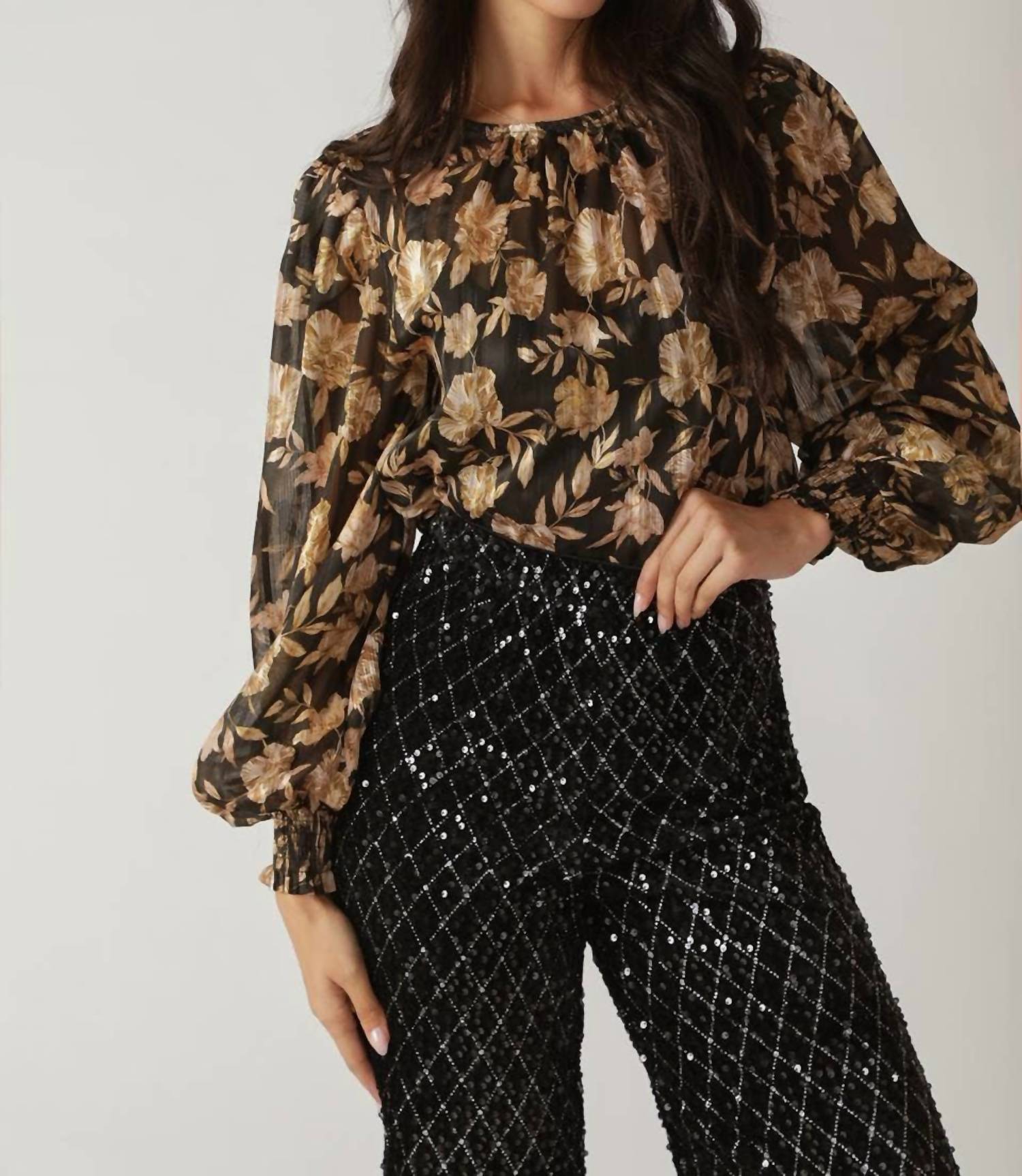 Flying Tomato - Vee Woven Gold Floral Blouse