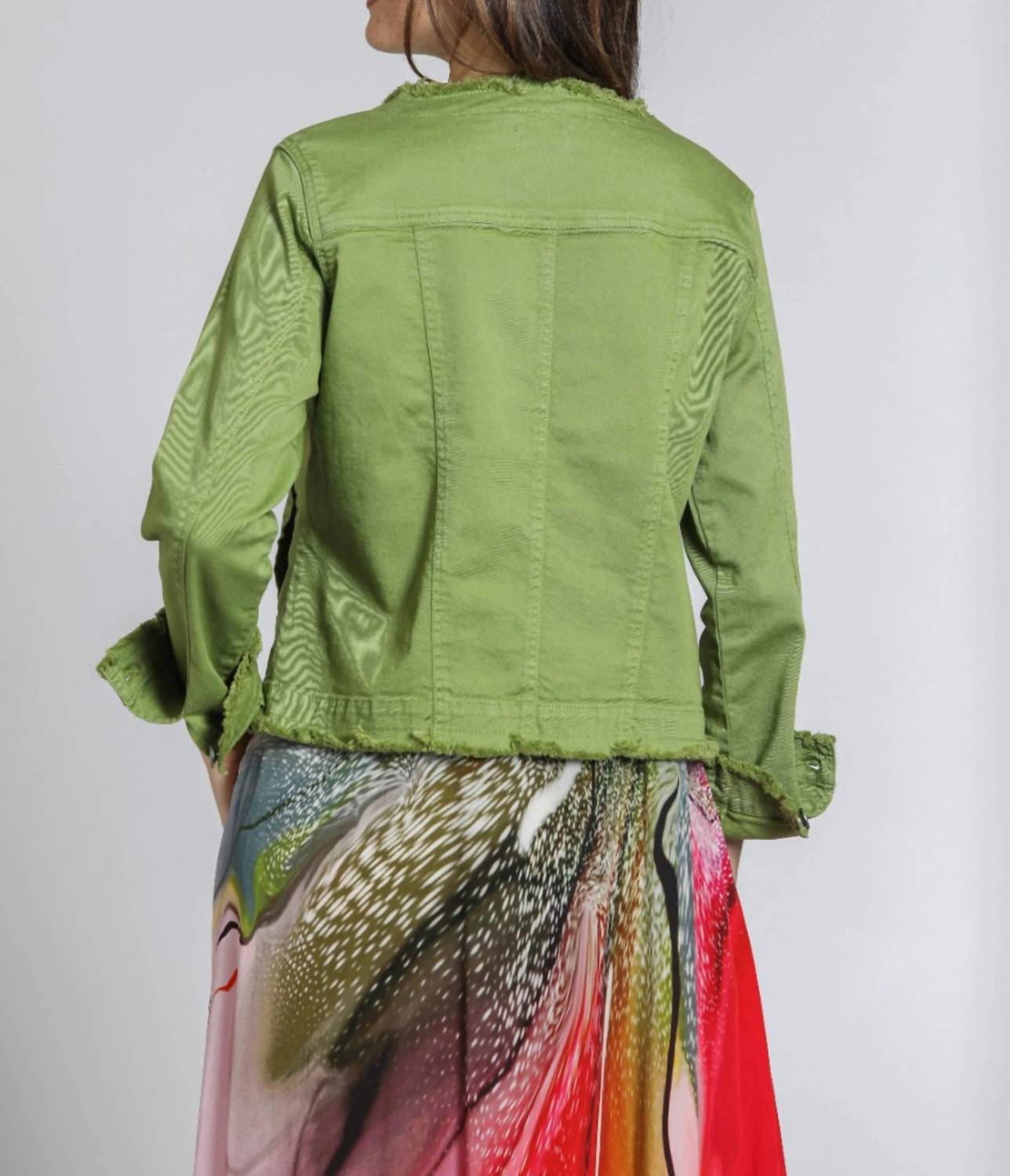 Apny - Collarless Jean Jacket With Frayed Detail