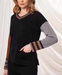 Angel Apparel V-Neck Color Block Sweater in black multi - women's sweater