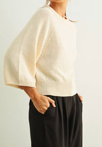 MIOU MUSE Women's Round Neck Quarter Sleeve Knitted Top in cream - women's sweater - alternate view