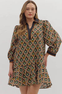 Entro - Geometric Print Long Puff Sleeve Mini Dress - Plus