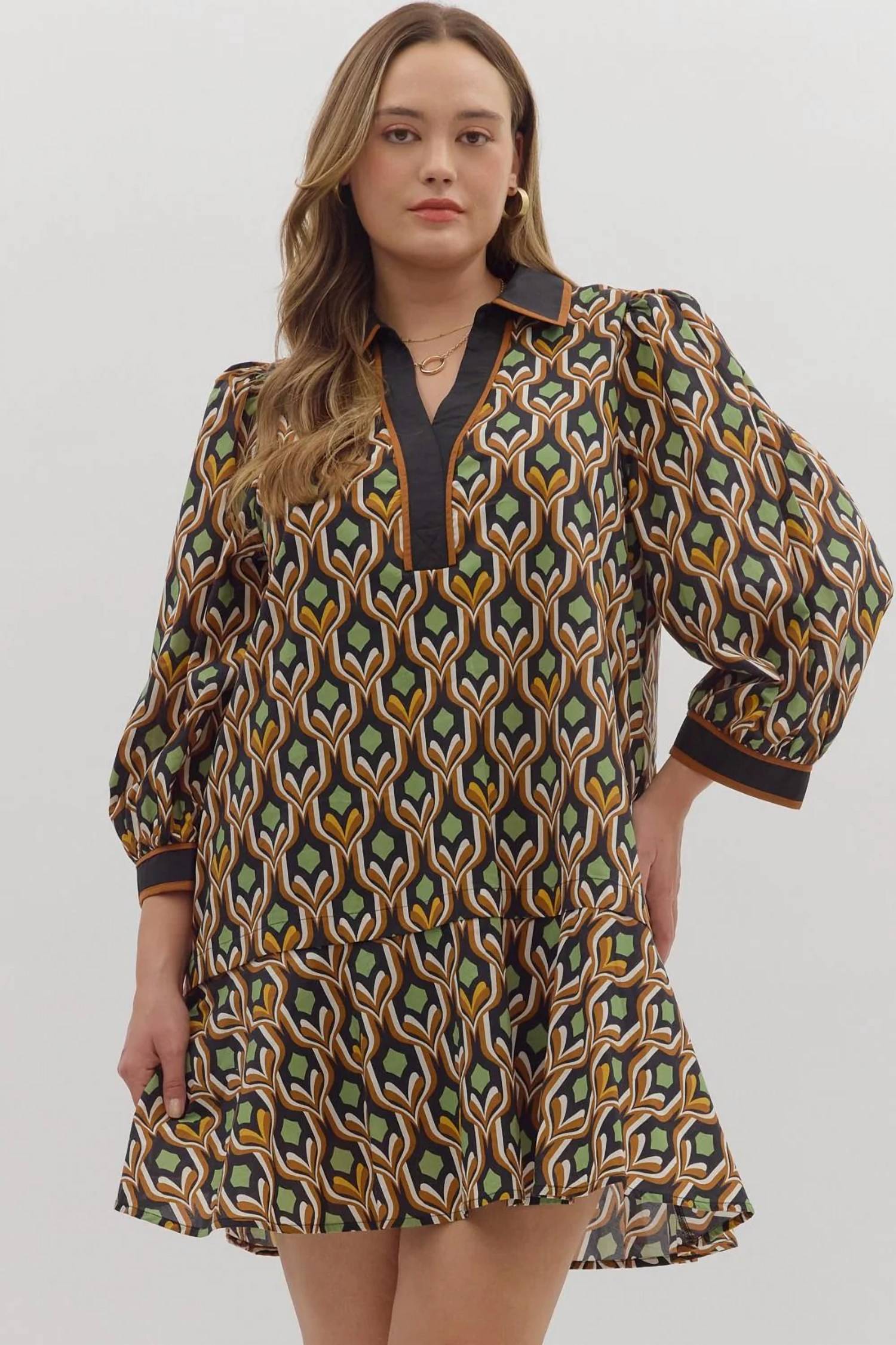 Entro - Geometric Print Long Puff Sleeve Mini Dress - Plus