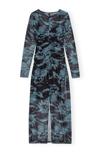 Ganni - Printed Mesh O-neck Ruched Long Dress