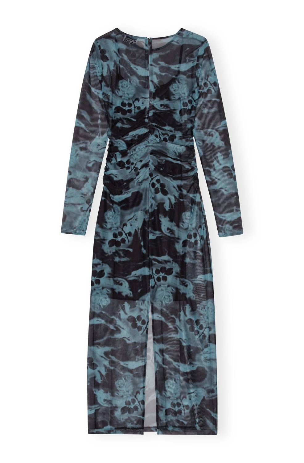 Ganni - Printed Mesh O-neck Ruched Long Dress