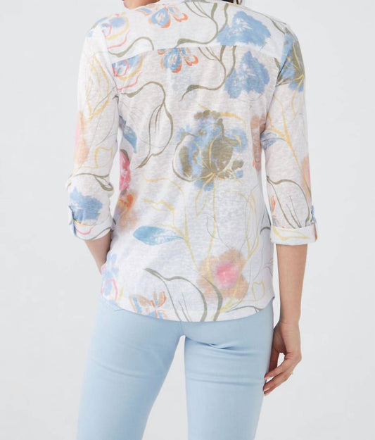 Fdj - Floral Tab Up Three Quarter Sleeve Blouse