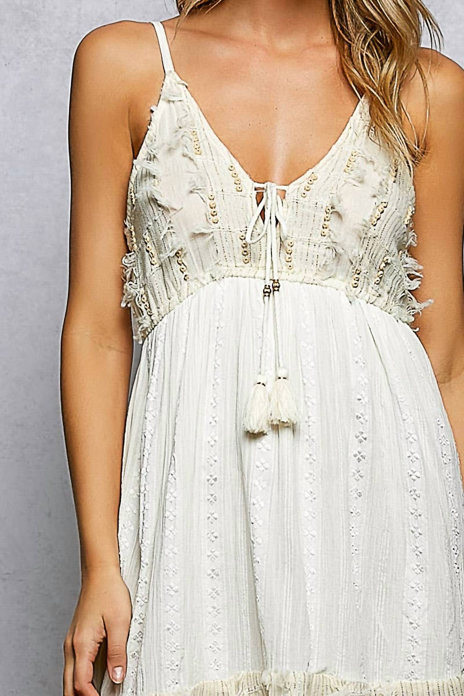 Pol - Tiered Tassel Trim Wooden Bead Smocked Dress