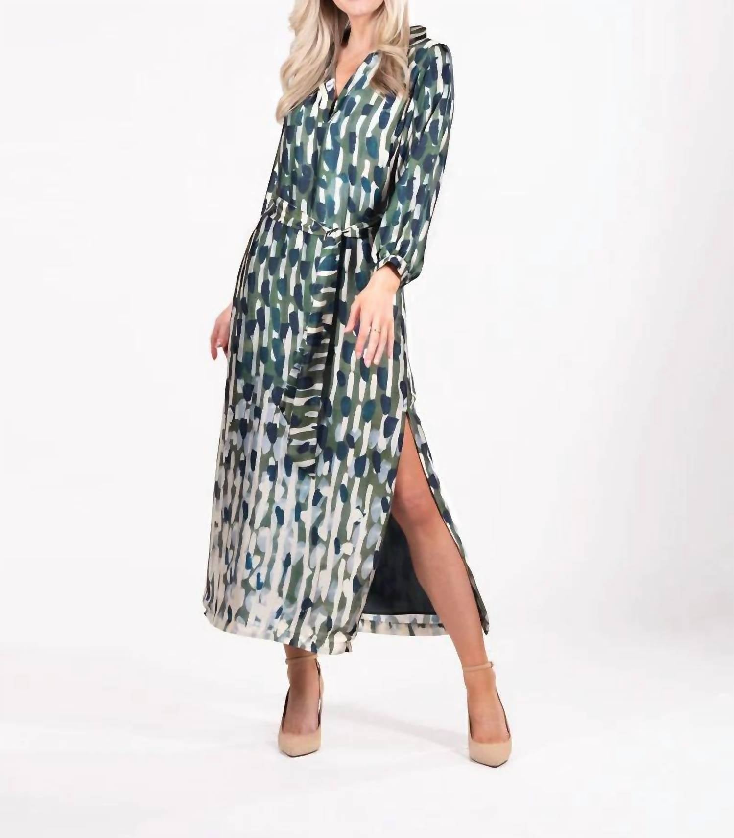 Willa Story - Long Sleeve Button Front Side Slit Dress