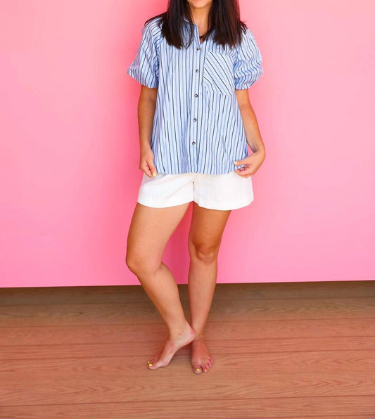 Karlie - KARLIE Stripe Poplin Bubble Sleeve Top