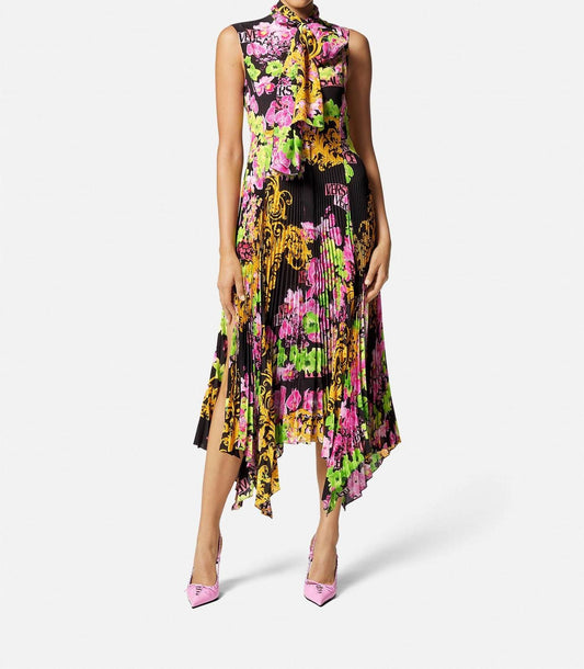 Versace - Floral Printed Asymmetric Pleated Dress