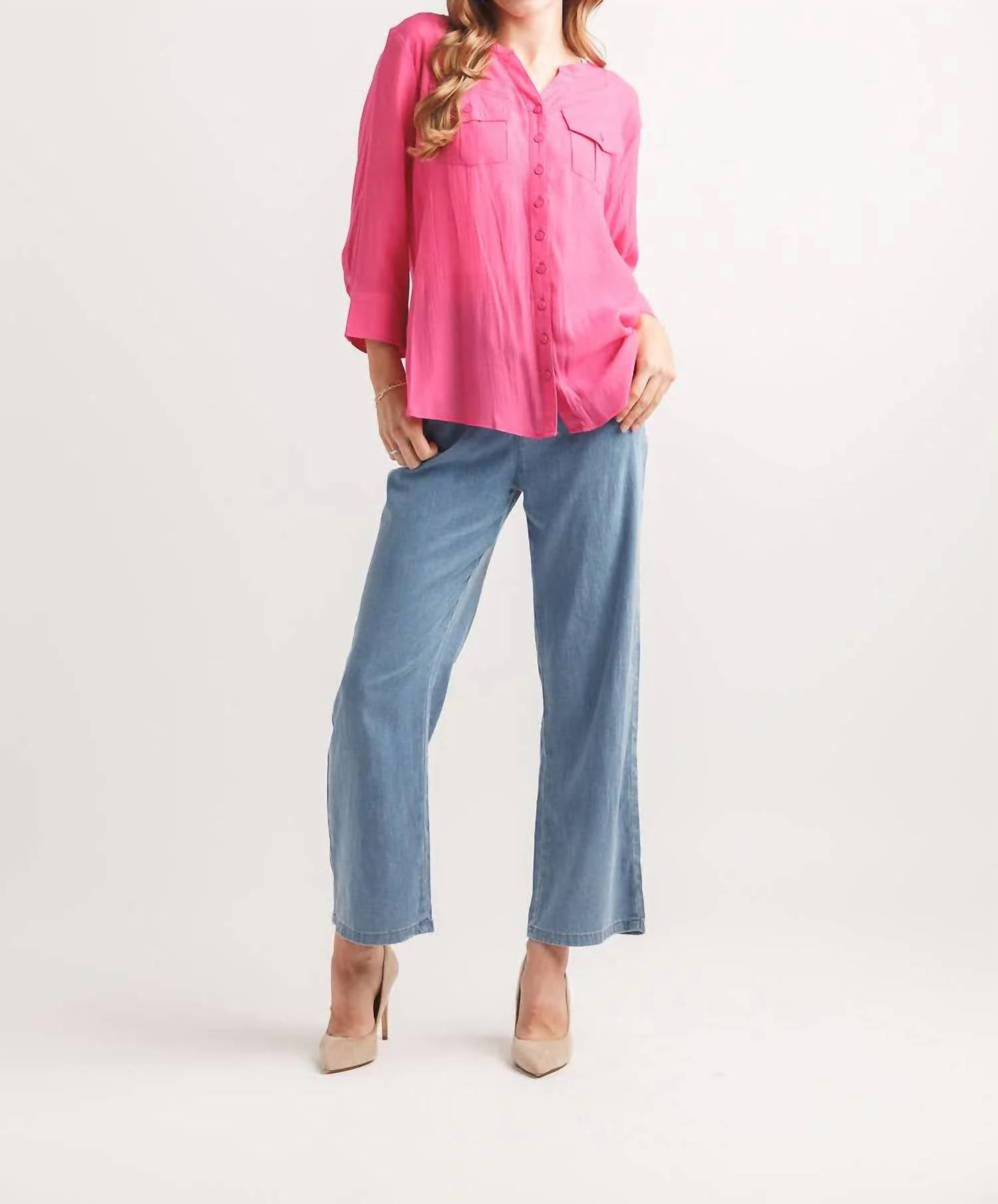 Papillon - Button Front Tab Sleeve Blouse